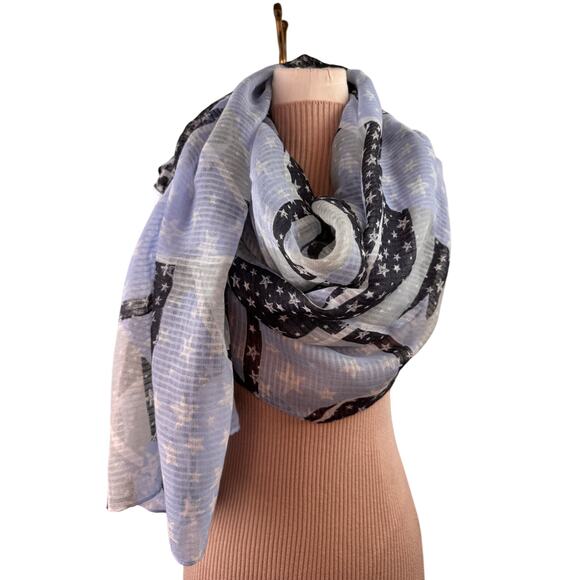 Seed Heritage Blue Black White Scarf/Wrap Shawl Star Striped Around Neck - Picture 1 of 4